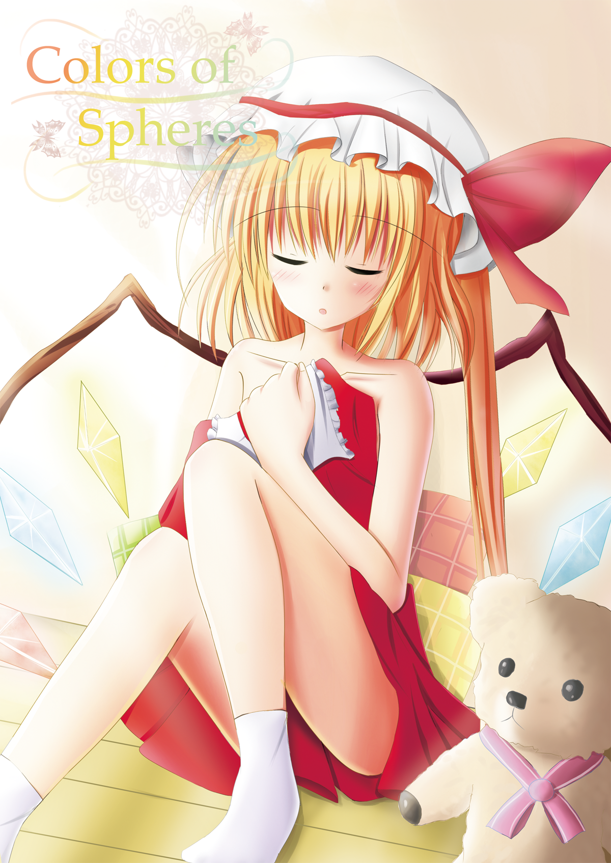 yuzin, flandre scarlet, touhou, bad id, bad pixiv id, highres, 1girl, blonde hair, closed eyes, female focus, hat, lying, short hair, side ponytail, sleeping, socks, solo, stuffed animal, stuffed toy, teddy bear
