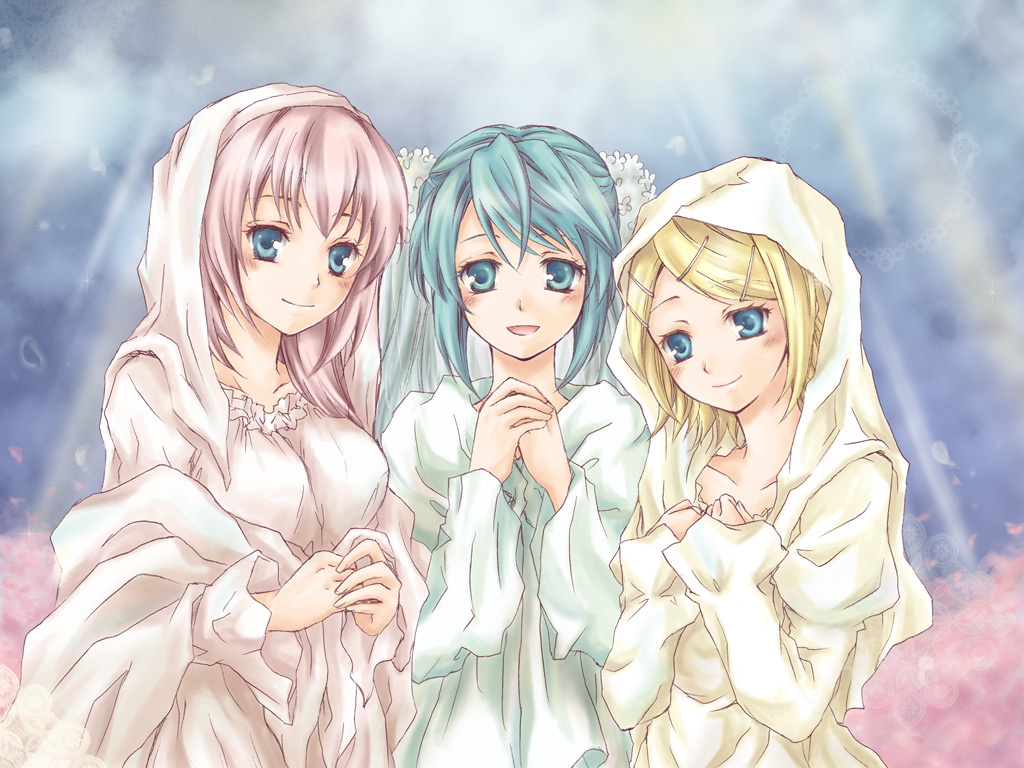 fujino mayuki, hatsune miku, kagamine rin, megurine luka, vocaloid, 3girls, aqua eyes, aqua hair, blonde hair, dress, flower, hair flower, hair ornament, hood, hoodie, long hair, multiple girls, pink hair, short hair, smile, twintails