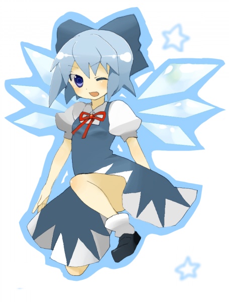 kihiro, cirno, embodiment of scarlet devil, touhou, bad id, bad pixiv id, black shoes, blouse, bow, dress, hair bow, one eye closed, pinafore dress, ribbon, shirt, shoes, short hair, sleeveless, sleeveless dress, socks, solo, star (symbol), white shirt, white socks, wings, wink