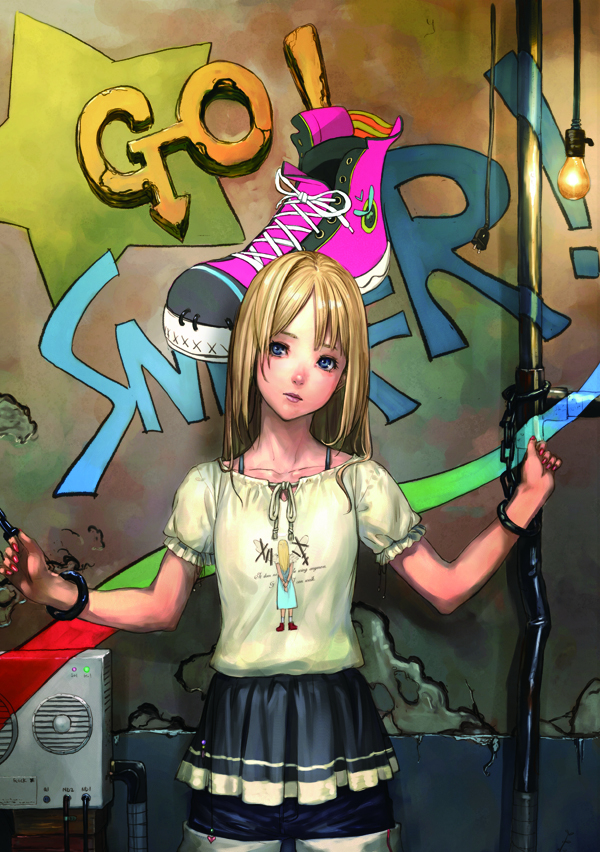 yuzu (yuzu nooto), blonde hair, blue eyes, chain, long hair, shoes, shorts, sneakers, solo