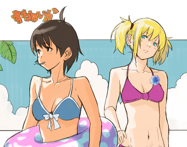 yuzu (yuzu nooto), 2girls, bikini, blonde hair, breasts, brown hair, cleavage, flower, innertube, medium breasts, multiple girls, short hair, swim ring, swimsuit