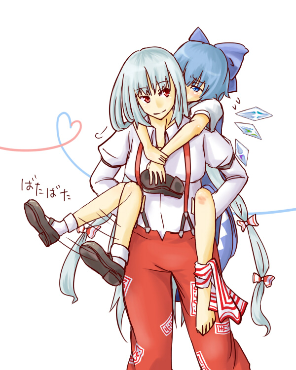 abarenbou jieneraru, cirno, fujiwara no mokou, touhou, 2girls, bad anatomy, bad feet, barefoot, blue eyes, blue hair, carrying, feet, hair ribbon, heart, heart of string, ice, long hair, multiple girls, no nose, poorly drawn, red eyes, ribbon, shirt, shoes, single shoe, smile, socks, suspenders, white shirt, wings