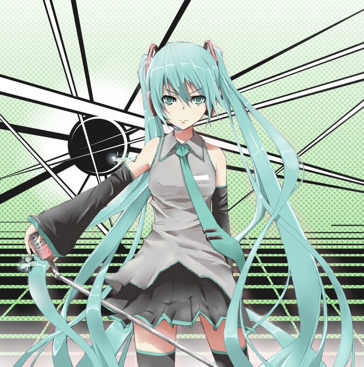 poma, hatsune miku, vocaloid, bad id, bad piapro id, 1girl, aqua eyes, aqua hair, detached sleeves, female focus, headphones, headset, long hair, microphone, microphone stand, necktie, skirt, solo, thighhighs, twintails, very long hair, zettai ryouiki