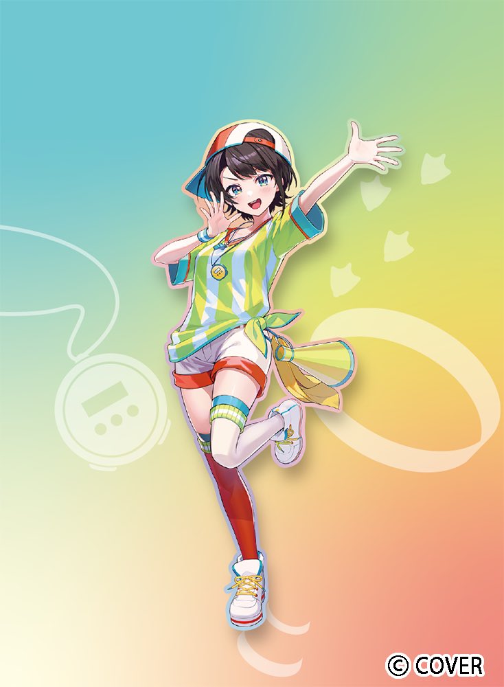 hiyon (hahaha 5945), oozora subaru, oozora subaru (1st costume), hololive, commentary request, official art, 1girl, aqua eyes, arm up, asymmetrical legwear, baseball cap, black hair, company name, copyright notice, full body, gradient background, hat, looking at viewer, megaphone, microphone, mismatched legwear, open hand, open mouth, outline, red thighhighs, shirt, shoes, short hair, short sleeves, shorts, sideways hat, smile, sneakers, solo, standing, standing on one leg, stopwatch, stopwatch around neck, striped clothes, striped shirt, sweatband, swept bangs, t-shirt, thighhighs, tied shirt, two-tone headwear, two-tone shirt, v-neck, vertical-striped clothes, vertical-striped shirt, virtual youtuber, watch, whistle, whistle around neck, white shirt, white shoes, white shorts, white thighhighs, yellow shirt