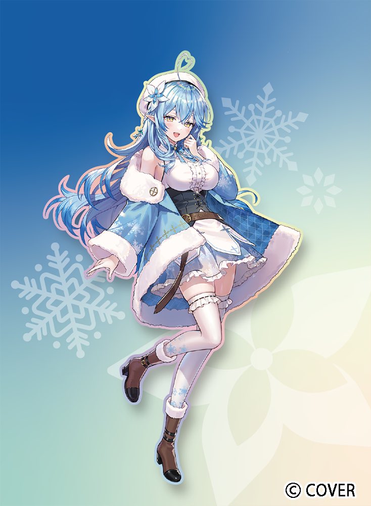 hiyon (hahaha 5945), yukihana lamy, yukihana lamy (1st costume), hololive, commentary request, official art, 1girl, ahoge, belt, beret, blue bow, blue bowtie, blue coat, blue hair, blue skirt, blush, boots, bow, bowtie, braid, breasts, brown belt, brown boots, center frills, cleavage cutout, closed eyes, clothing cutout, coat, collared shirt, company name, copyright notice, corset, crossed bangs, elf, flower, frilled shirt, frilled skirt, frilled thighhighs, frills, full body, fur-trimmed boots, fur-trimmed coat, fur trim, gradient background, hair between eyes, hair flower, hair ornament, hat, heart, heart ahoge, high heel boots, high heels, large breasts, leather belt, long hair, long sleeves, miniskirt, off shoulder, outline, outstretched arms, pointy ears, shirt, skirt, sleeveless, sleeveless shirt, smile, snowflakes, solo, standing, standing on one leg, thighhighs, underbust, very long hair, virtual youtuber, white background, white hat, white shirt, white thighhighs, yellow eyes