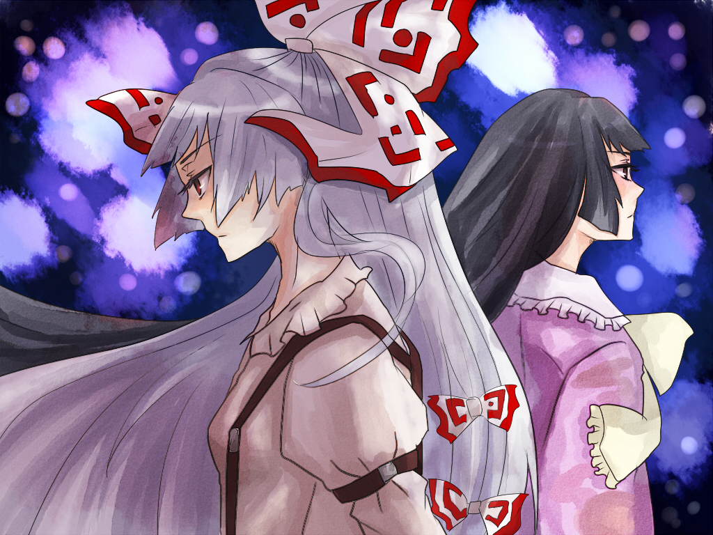 archa, fujiwara no mokou, houraisan kaguya, touhou, silver hair, bad id, bad pixiv id, 2girls, back-to-back, black hair, blunt bangs, bow, female focus, hair bow, hair ribbon, hime cut, long hair, multiple girls, multiple hair bows, profile, red eyes, ribbon, shirt, suspenders, white shirt
