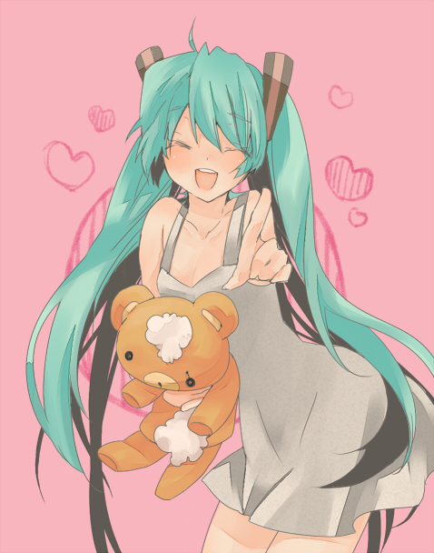 sakk, hatsune miku, vocaloid, 1girl, ahoge, aqua hair, dress, female focus, heart, long hair, smile, solo, stuffed animal, stuffed toy, twintails, very long hair