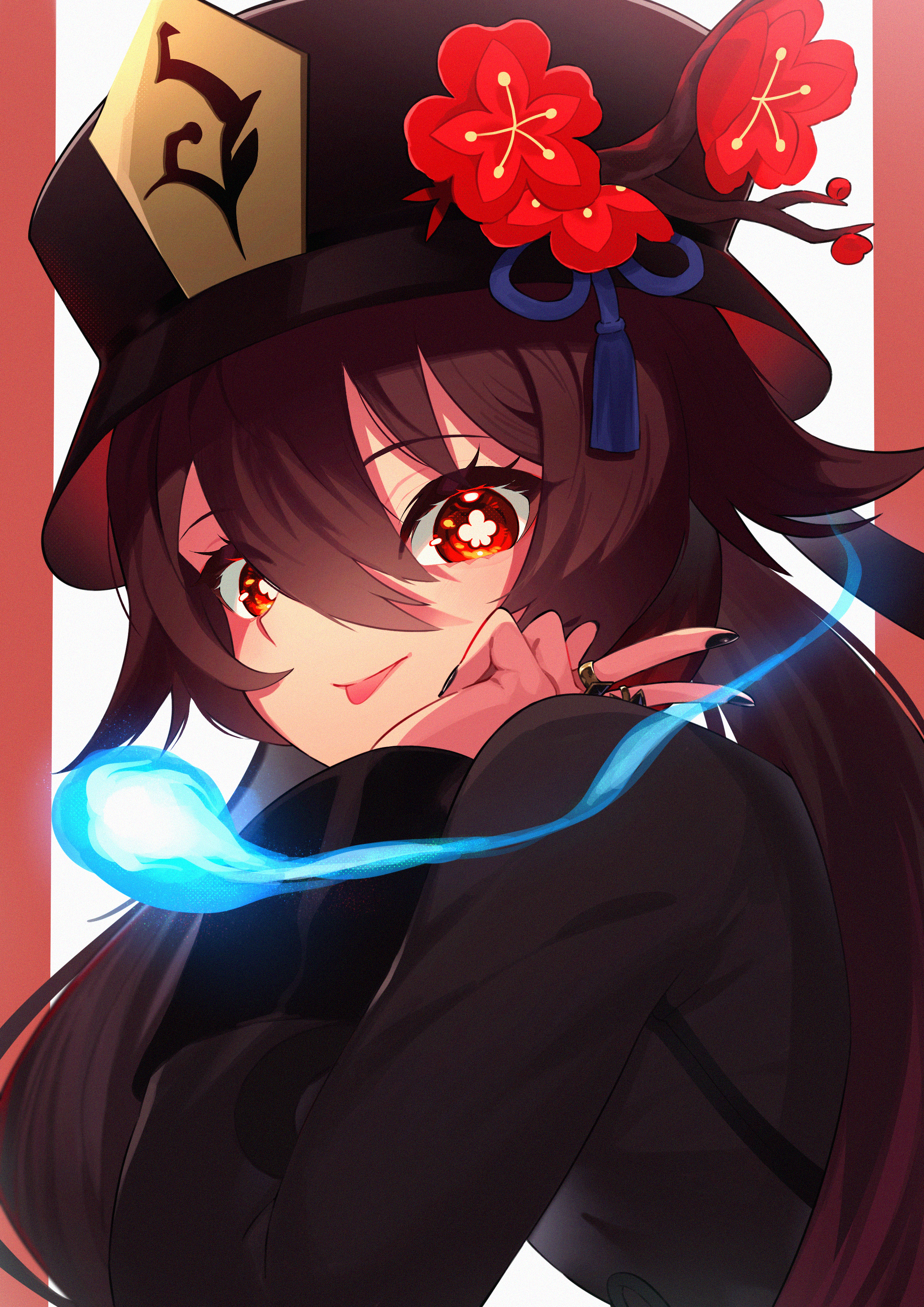 u tei, hu tao (genshin impact), genshin impact, absurdres, commentary request, highres, 1girl, black dress, black hat, brown hair, dress, eyelashes, flower, hat, hat flower, hitodama, jewelry, long hair, looking at viewer, red eyes, ring, solo, symbol-shaped pupils, tongue, tongue out, upper body
