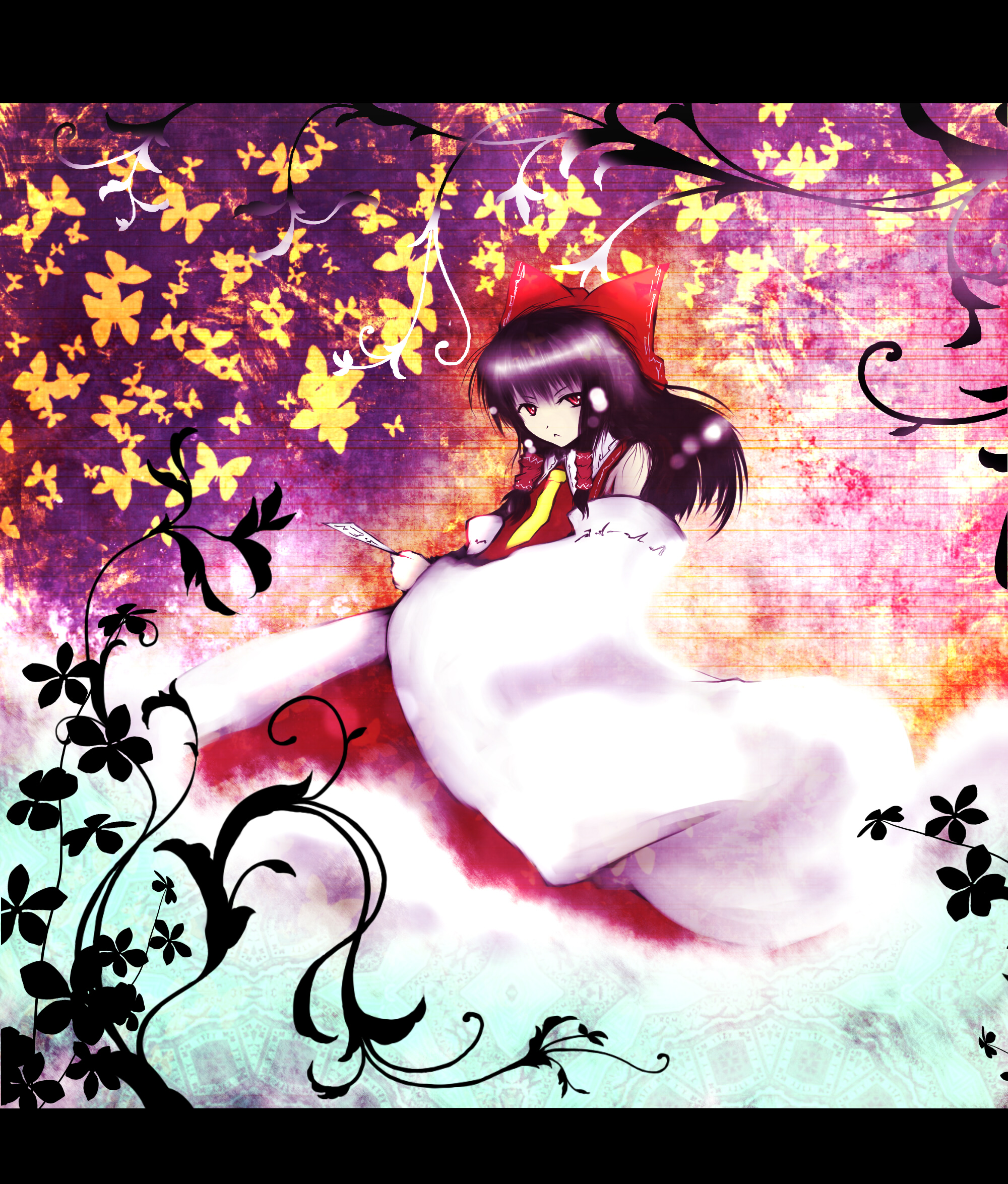 acryl, hakurei reimu, touhou, bad id, bad pixiv id, highres, 1girl, :<, black hair, bow, bug, butterfly, colorful, detached sleeves, female focus, hair bow, japanese clothes, letterboxed, miko, ofuda, red eyes, short hair, solo