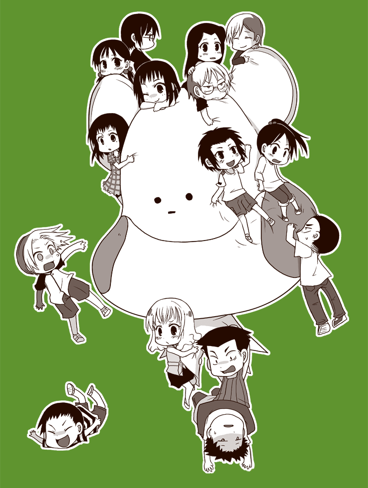 fuyujimakure, ano maki, honda chizuru, kako isao, kirie yousuke, kodaka masaru, komoda takami, koyemshi, machi youko, moji kunihiko, nakarai mako, tokosumi aiko, ushiro jun, ushiro kana, waku takashi, yamura daiichi, yoshikawa kanji, bokurano, bad id, bad pixiv id, 6+boys, 6+girls, :d, ;), ^ ^, blush, chibi, closed eyes, everyone, falling, full body, glasses, green background, mole, mole under eye, monochrome, multiple boys, multiple girls, one eye closed, open mouth, outstretched arms, short hair, simple background, smile, standing, tears, very short hair