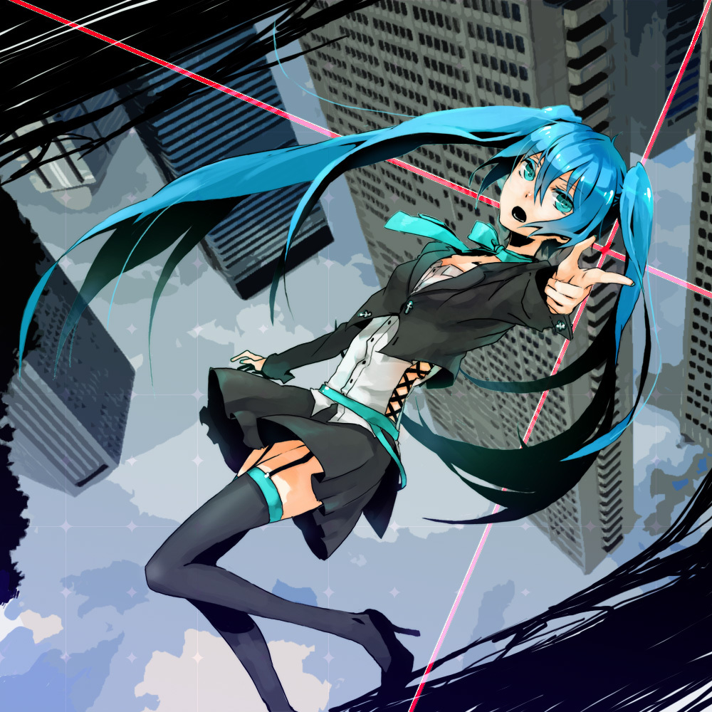 hizuki reno, hatsune miku, vocaloid, 1girl, aqua eyes, aqua hair, cityscape, day, female focus, laser, legs, long hair, outdoors, skirt, sky, solo, thighhighs, twintails, very long hair, zettai ryouiki