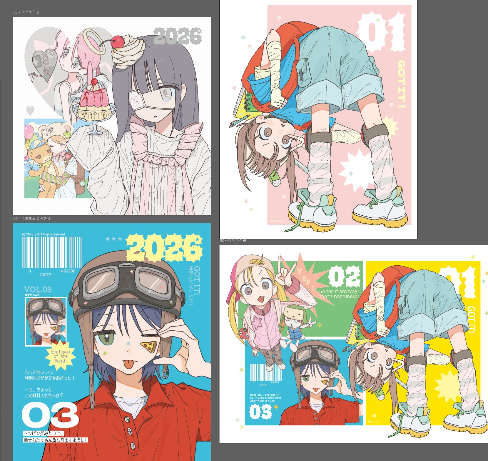 sw swoo, original, highres, bag, bandages, black hair, brown hair, dress, goggles, goggles on head, long hair, long sleeves, looking at viewer, multiple girls, open mouth, overalls, pink hair, ribbon, short hair, smile, socks, tongue, tongue out, yellow eyes