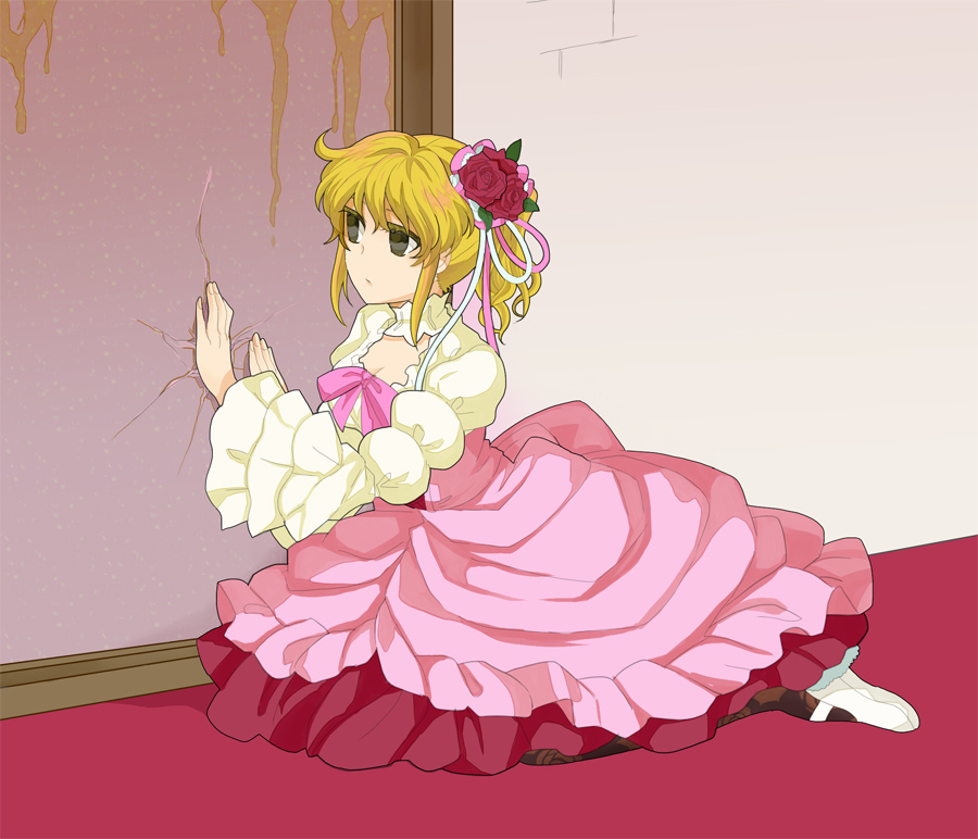 tiihatanono, furudo erika, ushiromiya jessica, umineko no naku koro ni, bad id, bad pixiv id, 1girl, blonde hair, bow, breasts, cleavage, cosplay, dress, female focus, flower, frills, furudo erika (cosplay), hair ornament, large breasts, pantyhose, pink bow, ribbon, solo