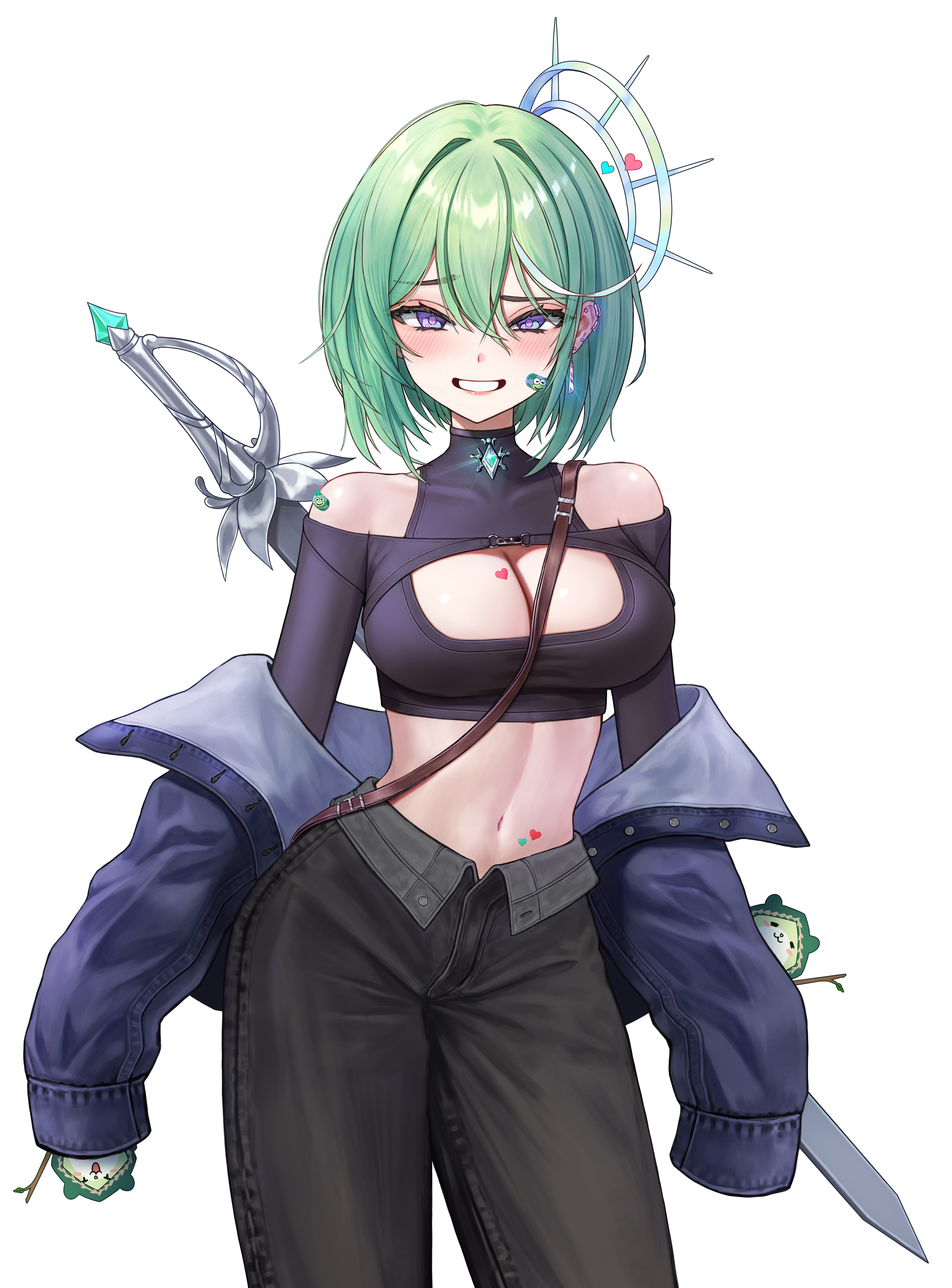 eruthu, chico (yuzuha riko), yuzuha riko, stellive, absurdres, commentary, highres, symbol-only commentary, 1girl, arms at sides, bandaid, bandaid on cheek, bandaid on face, bare shoulders, black pants, black shirt, blush, breasts, cleavage cutout, clothing cutout, cowboy shot, crop top, cropped shirt, denim, denim jacket, double-parted bangs, earclip, earrings, green hair, grin, hair between eyes, heart, heart sticker, jacket, jacket partially removed, jeans, jewelry, large breasts, linea alba, long bangs, long sleeves, looking at viewer, midriff, multicolored hair, navel, open fly, open pants, pants, purple eyes, shirt, short hair, shoulder cutout, simple background, sleeves past fingers, sleeves past wrists, smile, solo, standing, sticker, sticker on breast, sticker on stomach, streaked hair, stud earrings, sword, unbuttoned, virtual youtuber, weapon, white background