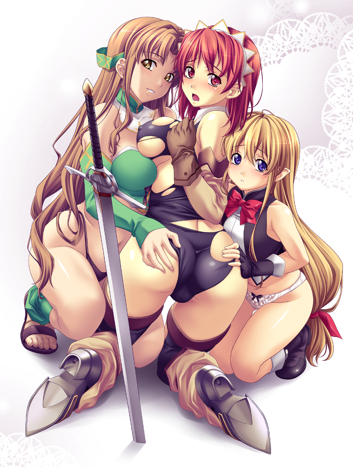nagayori, aria (seiken no blacksmith), cecily cambell, lisa (seiken no blacksmith), seiken no blacksmith, highres, 00s, 3girls, ass, blonde hair, blush, boots, bow, bow panties, breasts, brown eyes, brown hair, cameltoe, curvy, female focus, fingerless gloves, gloves, grabbing another's ass, groping, kneeling, knight, large breasts, long hair, looking at viewer, looking back, multiple girls, naughty face, panties, pointy ears, red hair, sandals, squatting, sword, thighhighs, toes, torn clothes, underwear, very long hair, weapon, white panties, yuri