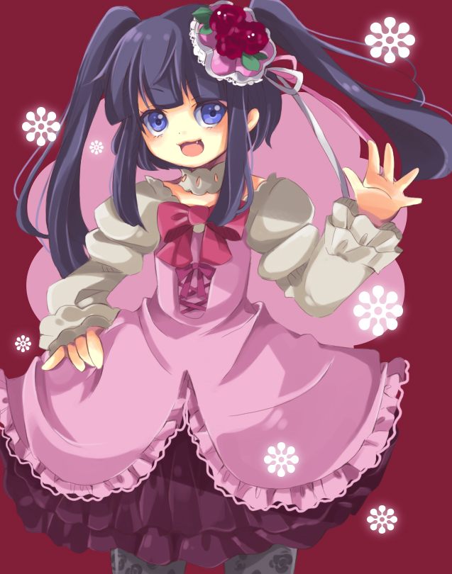hoe satsuki, furudo erika, umineko no naku koro ni, bad id, bad pixiv id, 00s, 1girl, :3, blue eyes, blue hair, bow, choker, dress, female focus, flower, frills, hair ornament, long hair, matching hair/eyes, pantyhose, pink bow, ribbon, rose, solo, twintails