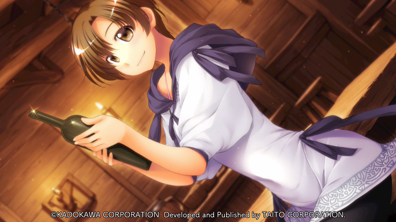 atelier-moo, patty sole, yuukyuu gensoukyoku, game cg, non-web source, 1girl, bike shorts, black shorts, blonde hair, bottle, breasts, brown eyes, brown hair, candle, chair, closed mouth, company name, copyright notice, dutch angle, holding, holding bottle, hood, hoodie, indoors, long sleeves, looking at viewer, medium breasts, parted hair, pink tank top, ribbon, short hair, shorts, sleeves pushed up, smile, solo, standing, table, tank top, tareme, upper body, wine bottle, wooden chair, wooden table, wooden wall, yuukyuu gensoukyoku revival