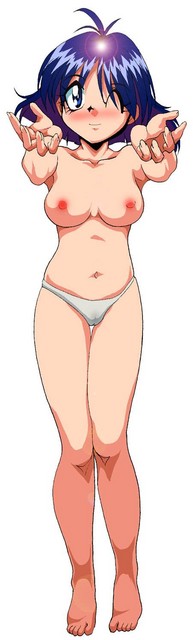eyeball (artist), amelia wil tesla seyruun, slayers, 1girl, blush, breasts, female focus, navel, nipples, one eye closed, panties, short hair, simple background, solo, thigh gap, topless female, underwear, underwear only, white background, white panties, wink