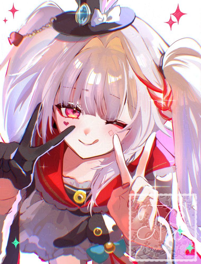 om rm1101, sparkle (honkai: star rail), sparxie (honkai: star rail), honkai: star rail, honkai (series), commentary request, 1girl, ;p, bow, braid, butterfly-shaped pupils, diamond (shape), diamond facial mark, dress, facial mark, gloves, hat, hat ornament, heart, heart facial mark, one eye closed, red eyes, red nails, red streaks, side braid, single glove, symbol-shaped pupils, tongue, tongue out, twintails, v, white hair