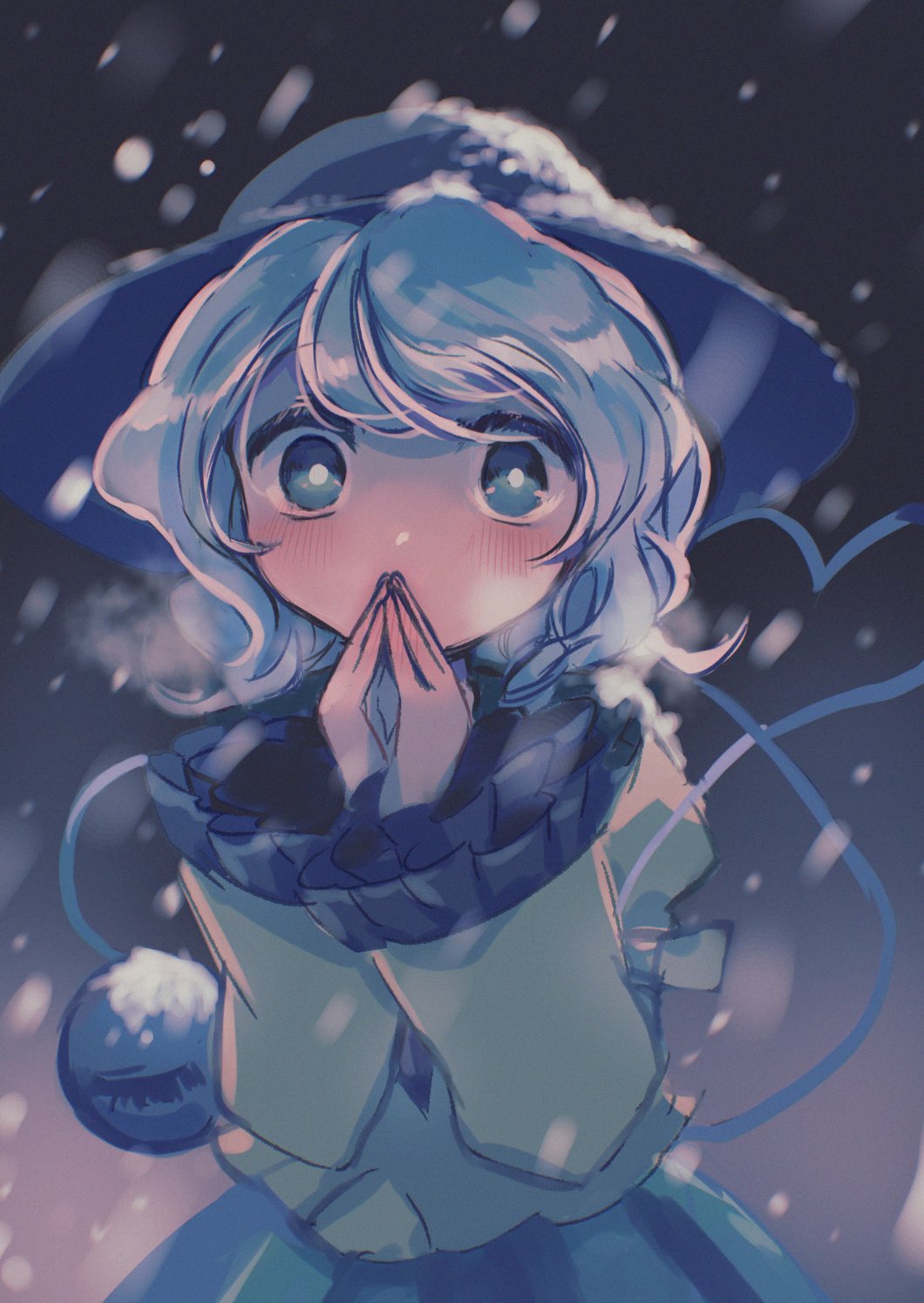 hanada hyou, komeiji koishi, touhou, highres, third-party source, 1girl, black hat, covering own mouth, cowboy shot, frilled sleeves, frills, green eyes, green hair, hat, heart, heart of string, long sleeves, looking at viewer, medium hair, shirt, snow, snow on headwear, snowing, solo, warming hands, yellow shirt