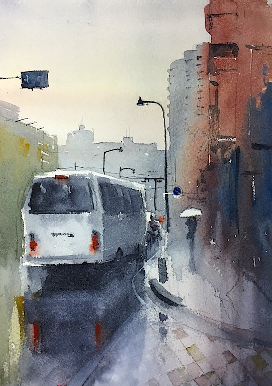 tj (tenjiku200), original, commentary request, bus, day, lamppost, motor vehicle, outdoors, people, reflection, road, scenery, street, umbrella, urban