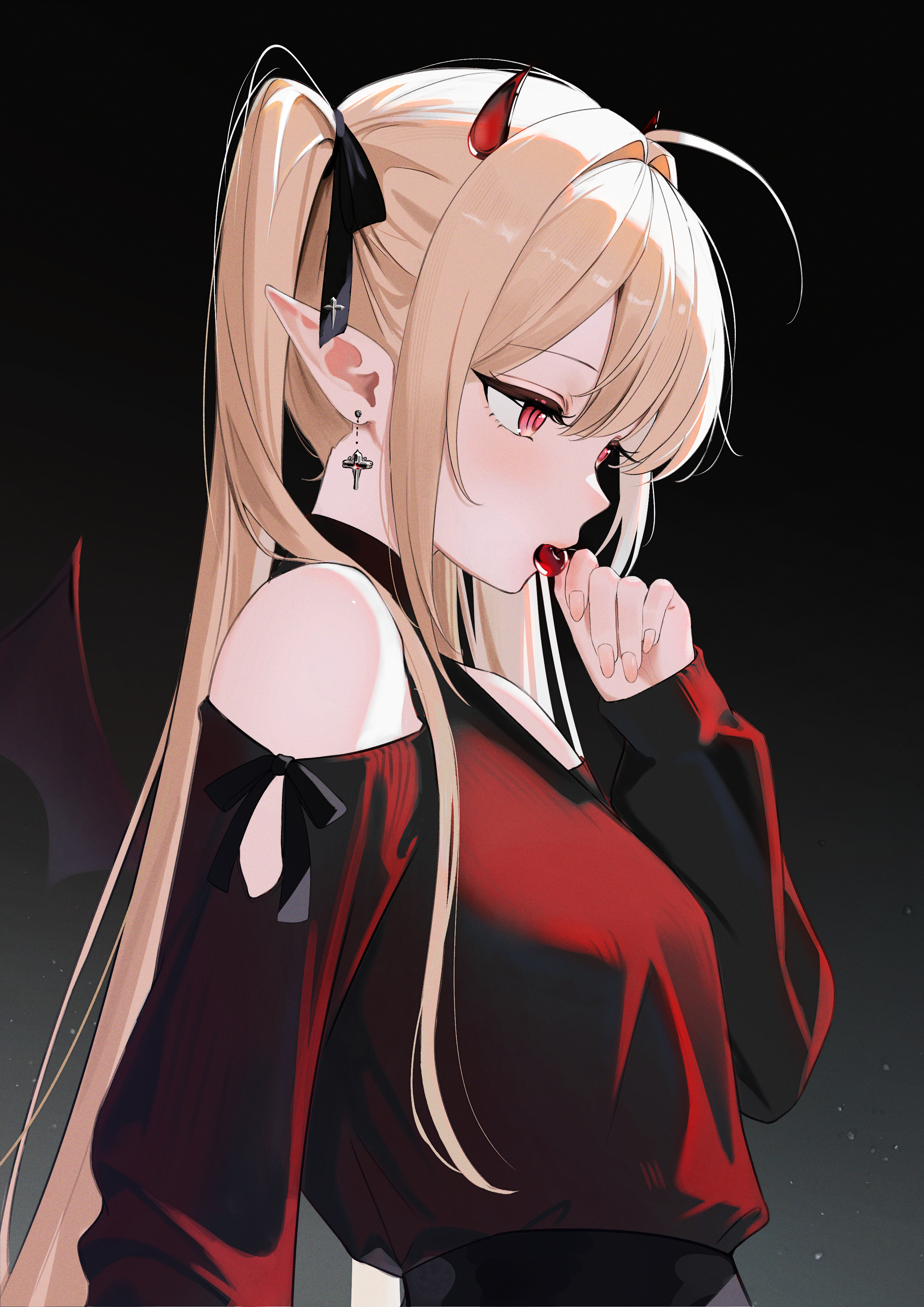 yuuca, original, absurdres, commentary, highres, 1girl, bare shoulders, bat wings, black ribbon, black sweater, blonde hair, cherry, clothing cutout, cross, cross earrings, demon girl, demon horns, earrings, eyelashes, fingernails, food, food in mouth, from side, fruit, gradient background, hair intakes, hand up, horns, jewelry, long hair, long pointy ears, long sleeves, looking ahead, mouth hold, pink eyes, pointy ears, red horns, ribbon, ringed eyes, shoulder cutout, sidelocks, sleeve cuffs, sleeve ribbon, sleeves past wrists, sweater, turtleneck, turtleneck sweater, twintails, upper body, wings