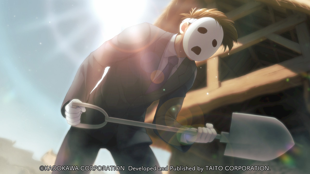 atelier-moo, yuukyuu gensoukyoku, game cg, non-web source, backlighting, bent over, blurry, blurry background, brown hair, collared shirt, company name, copyright notice, cowboy shot, day, formal clothes, from below, gloves, grey pants, grey suit, hamet valory, holding, holding shovel, jacket, long sleeves, mask, necktie, pants, purple necktie, shirt, short hair, shovel, sky, solo, standing, suit, suit jacket, sun, white gloves, white mask, white shirt, wooden house, yuukyuu gensoukyoku revival