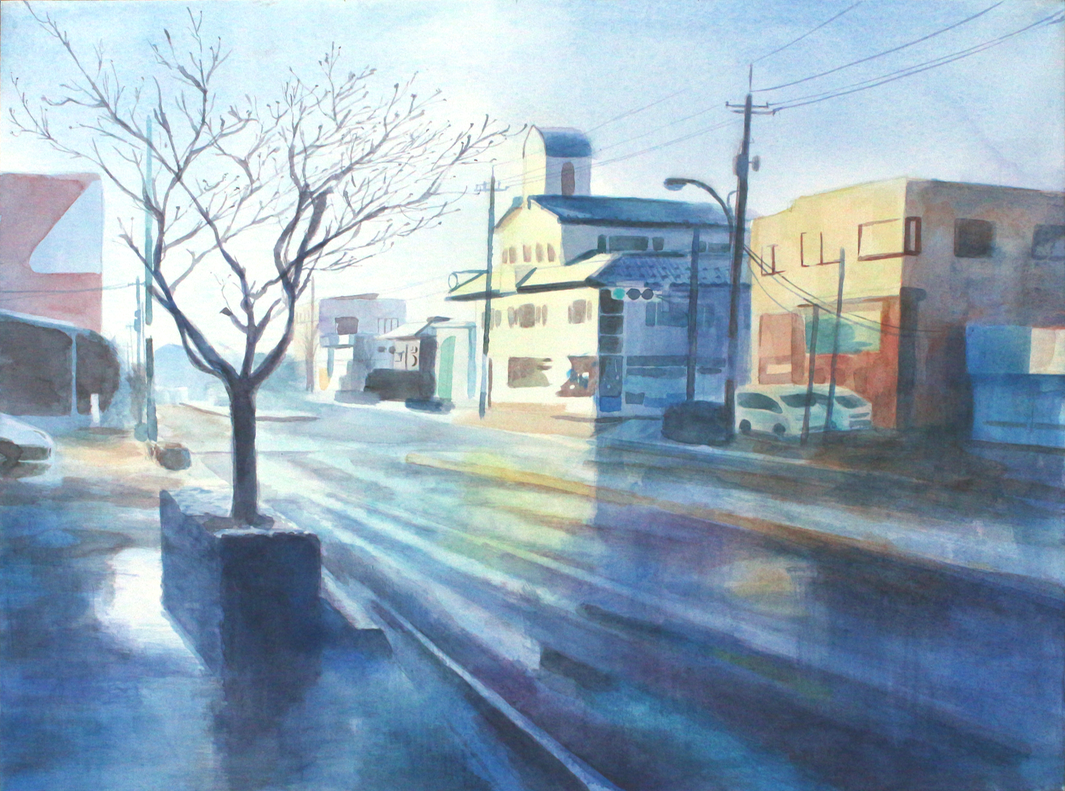 original, commentary request, painting (medium), traditional media, watercolor (medium), bare tree, building, car, day, lamppost, motor vehicle, no humans, outdoors, power lines, road, scenery, street, tree, urban, utility pole, waka miso