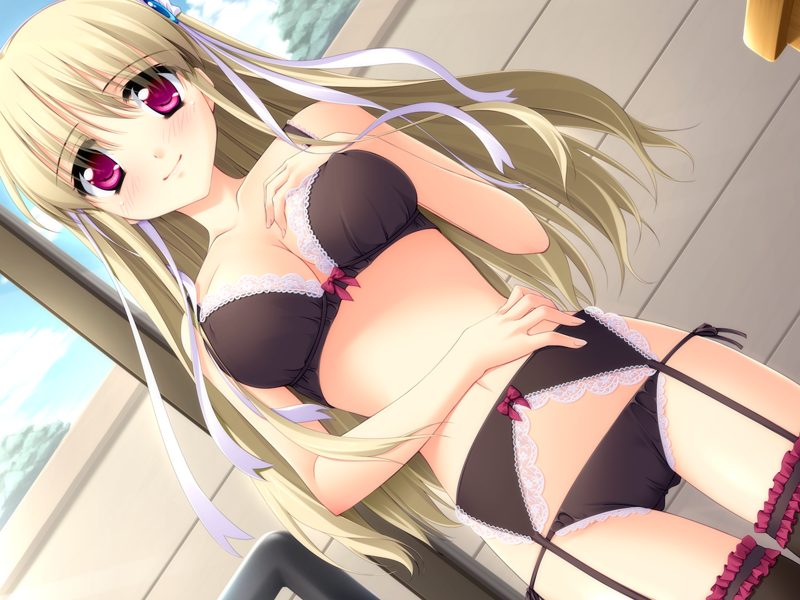 matsushita makako, rakko (makarakko), clarissa satsuki maezono, honeycoming royalsweet, game cg, 1girl, black bra, black panties, black thighhighs, blonde hair, blush, bow, bow bra, bra, breasts, cleavage, dutch angle, female focus, garter belt, hair ribbon, lace, large breasts, lingerie, long hair, lowleg, lowleg panties, panties, pink eyes, red eyes, ribbon, side-tie panties, smile, solo, thighhighs, underwear, underwear only