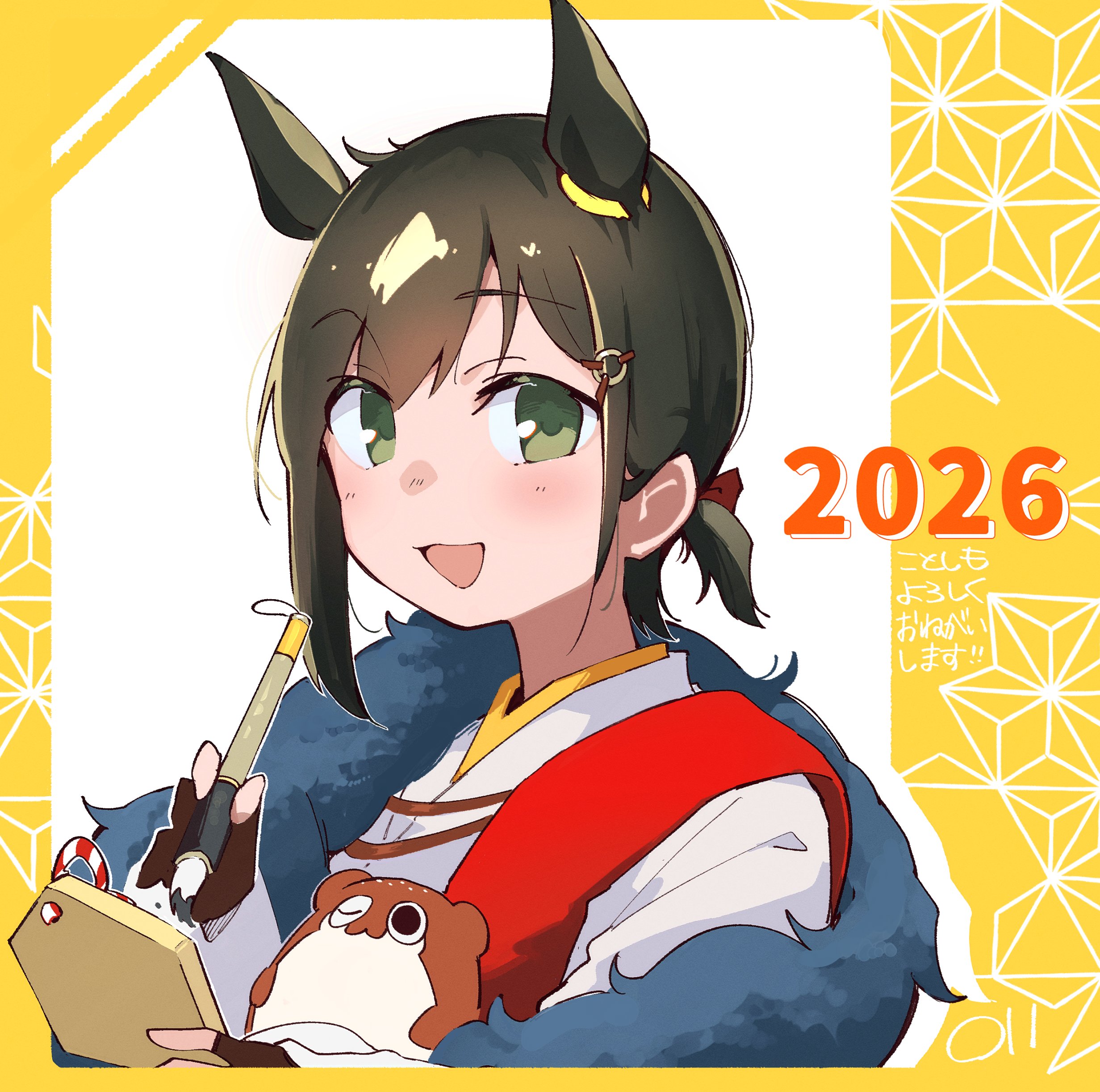 ma rukan, fubuki (kancolle), kantai collection, absurdres, highres, translation request, 1girl, 2026, :3, :d, animal ears, blush, border, breasts, brown hair, chinese zodiac, green eyes, hair between eyes, holding, holding brush, horse ears, japanese clothes, kimono, looking at viewer, low twintails, medium breasts, open mouth, outside border, sidelocks, smile, solo, twintails, upper body, white background, white kimono, year of the horse, yellow border