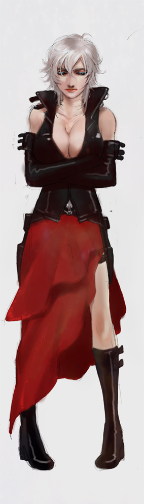 ddd miso, dante, capcom, devil may cry (series), gender request, long image, tall image, 00s, 1girl, bare shoulders, boots, breasts, cleavage, closed eyes, crossed arms, elbow gloves, eyeshadow, female focus, full body, genderswap, gloves, makeup, short hair, simple background, solo, white background, white hair