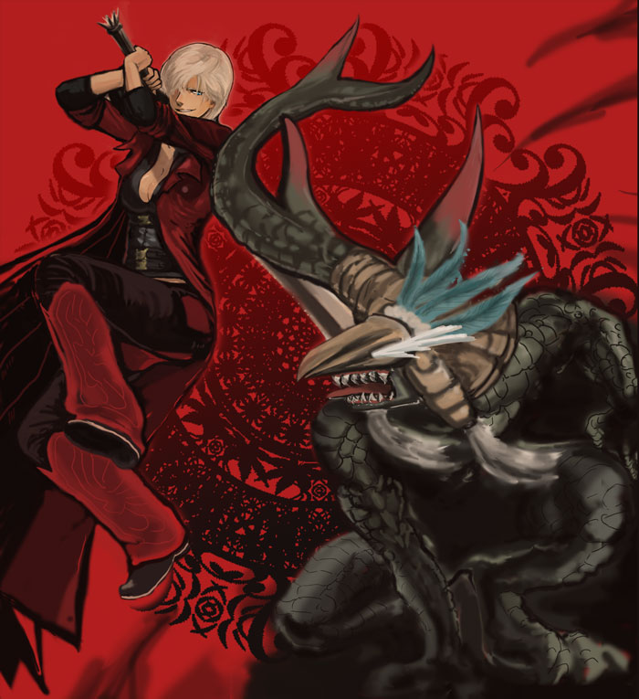 kuro@tokuni yon de nai, natsu yasai, dante (devil may cry), capcom, devil may cry, devil may cry (series), devil may cry 4, gender request, 00s, 1girl, blue eyes, breasts, cleavage, coat, female focus, genderswap, horns, monster, pants, short hair, solo, sword, trench coat, weapon, white hair