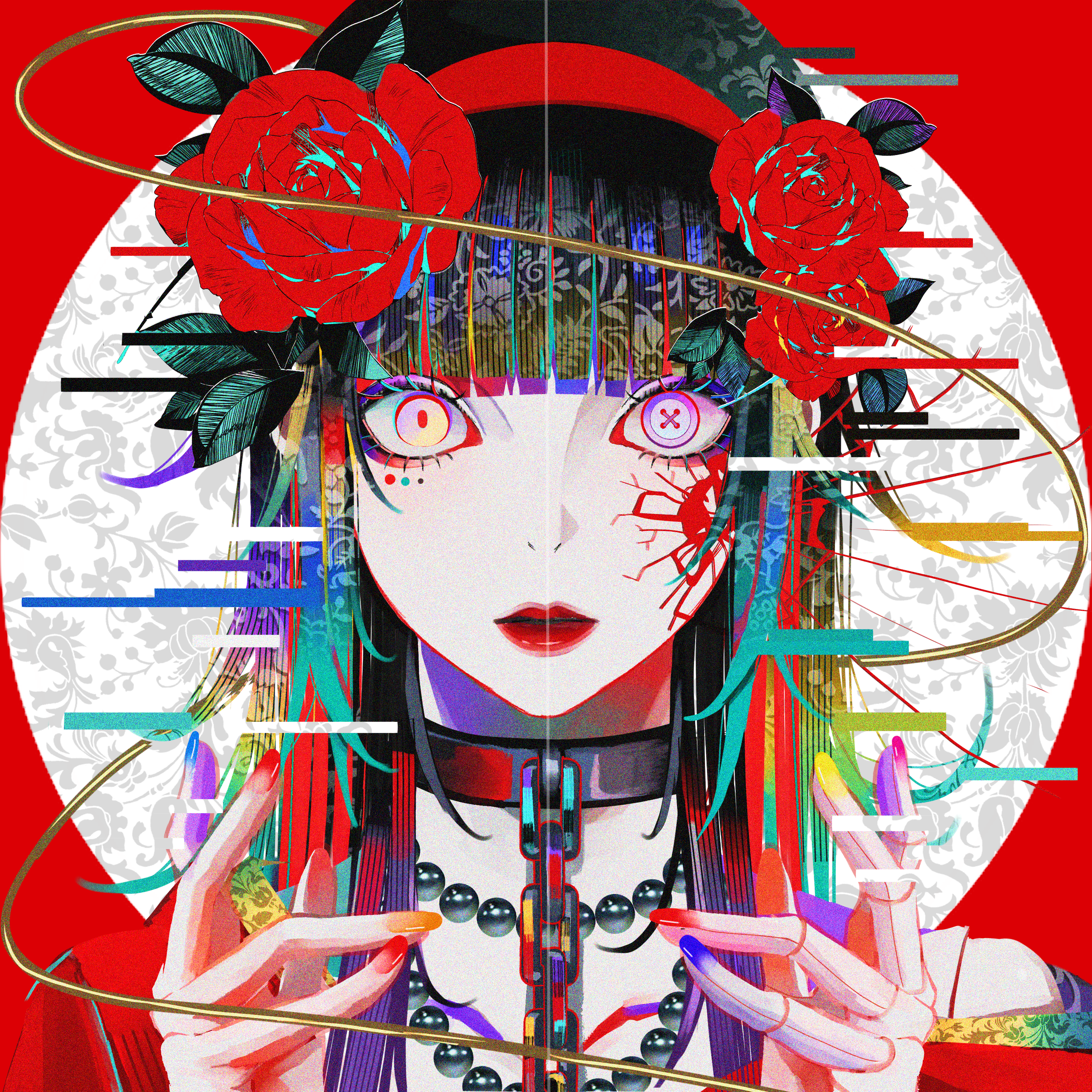 syakemayusan, original, absurdres, commentary request, highres, 1girl, bead necklace, beads, black hair, blue nails, blunt bangs, button eyes, buttons, chain, chain leash, cracked skin, doll, doll joints, double exposure, dress, eyelashes, eyeliner, eyeshadow, film grain, floral background, flower, glitch, hairband, hands up, jewelry, joints, leaf, leash, long hair, looking at viewer, makeup, mismatched pupils, multicolored eyes, multicolored hair, multicolored nails, necklace, parted lips, pink nails, portrait, purple eyeshadow, red dress, red eyeliner, red flower, red hairband, red lips, red nails, red pupils, red rose, red theme, rose, single off shoulder, solo, thread, yellow nails