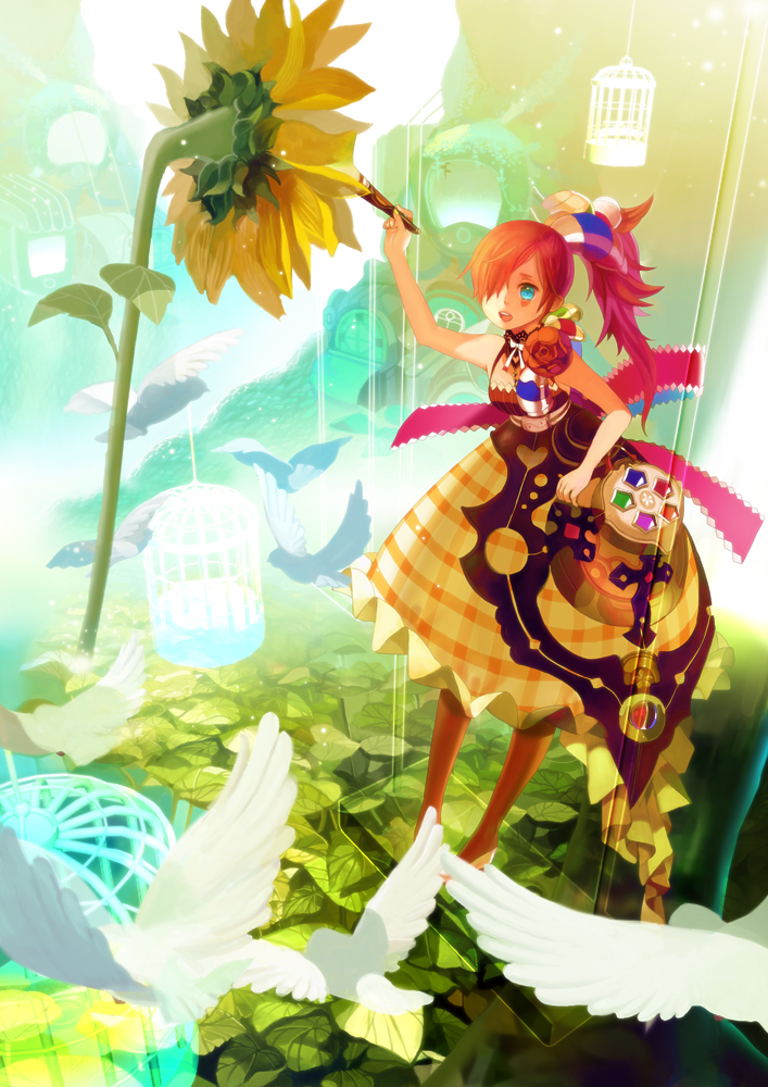 kin (aaaa), oekaki musume, original, bad id, bad pixiv id, art brush, bird, blue eyes, dress, flower, hair over one eye, paint, paintbrush, ponytail, red hair, solo, sunflower