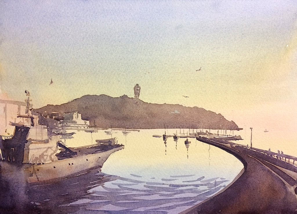 tj (tenjiku200), original, commentary request, painting (medium), traditional media, watercolor (medium), blue sky, boat, day, enoshima, fujisawa (city), harbor, hill, no humans, outdoors, real world location, scenery, simple bird, sky, water, watercraft, wharf