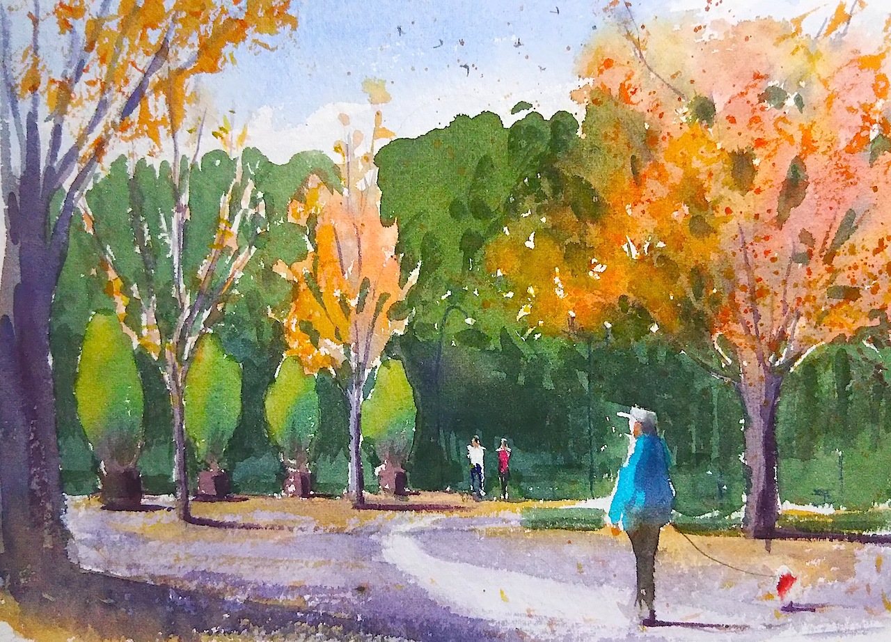 tj (tenjiku200), original, commentary request, painting (medium), traditional media, watercolor (medium), autumn, autumn leaves, blue sky, day, lamppost, leaf, outdoors, park, path, people, pet walking, road, sky, tree