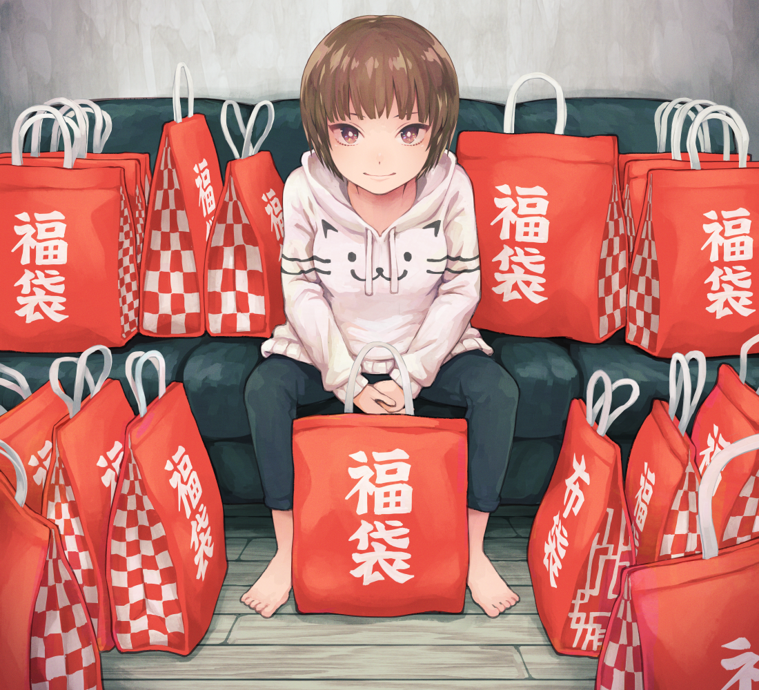 yajirushi (chanoma), original, commentary request, 1girl, bag, barefoot, brown eyes, brown hair, couch, hood, hoodie, indoors, light smile, looking at viewer, own hands together, shopping bag, short hair, sitting, solo, wooden floor