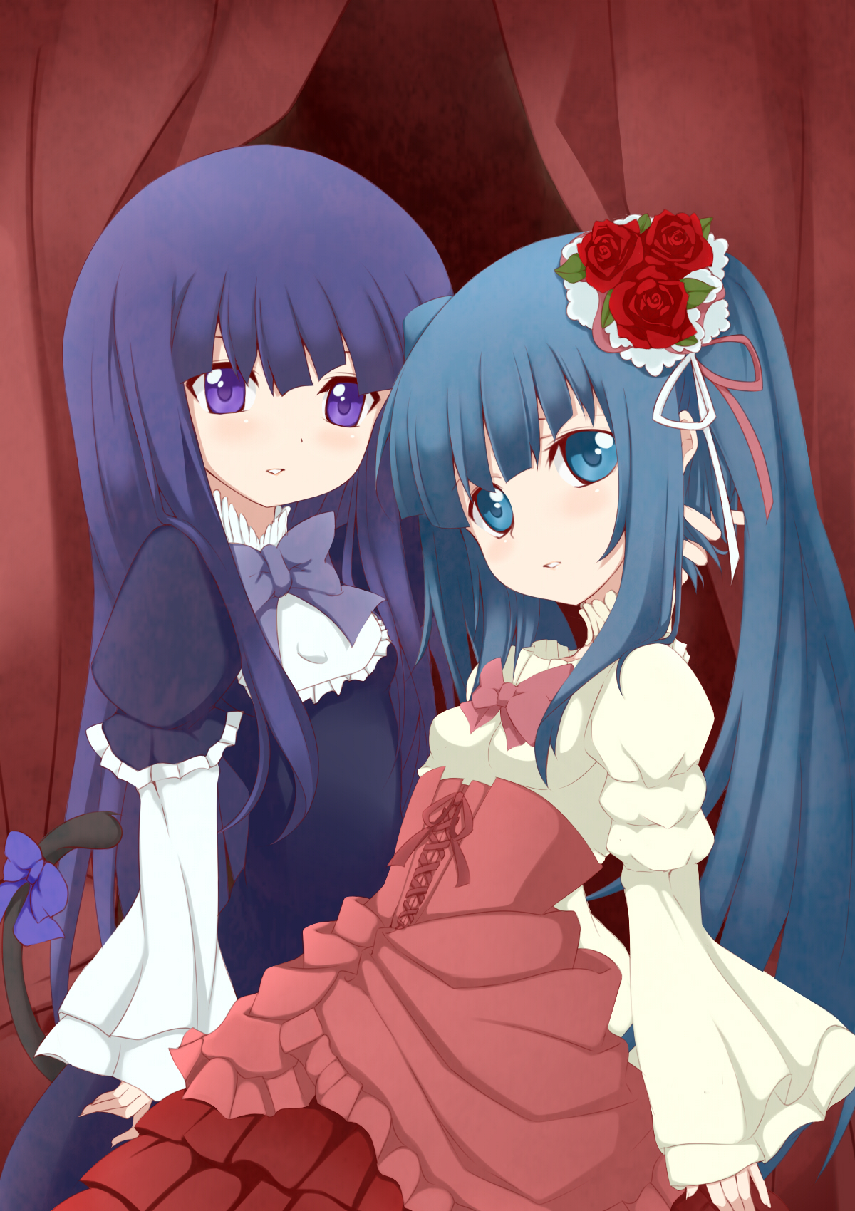 nemu (nebusokugimi), frederica bernkastel, furudo erika, no naku koro ni (series), umineko no naku koro ni, highres, 00s, 2girls, blue eyes, blue hair, blush, bow, cat tail, dress, flower, frills, hair ornament, long hair, multiple girls, purple eyes, rose, tail, twintails, very long hair