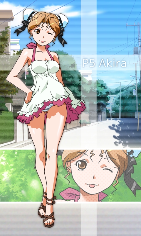 tanaka ryou, hayasaka akira, super real mahjong, non-web source, 1girl, brown eyes, brown hair, bun cover, character name, day, double bun, dress, full body, hair bun, halftone, looking at viewer, one eye closed, outdoors, panties, pantyshot, sandals, scanlines, short dress, short hair, solo, tongue, tongue out, underwear, zoom layer