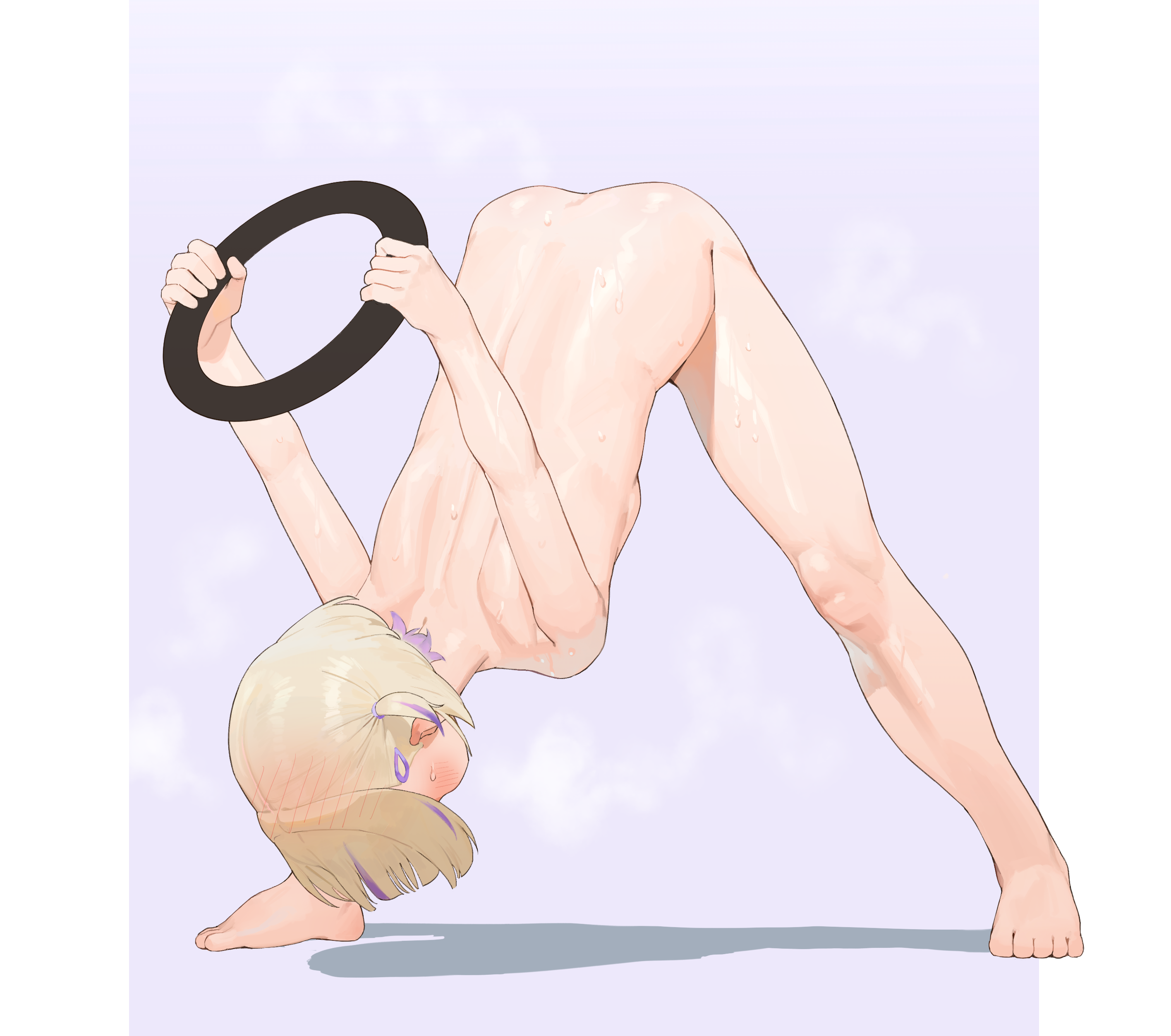 frikulu, todoroki hajime, hololive, hololive dev is, absurdres, commentary request, highres, 1girl, bent over, blonde hair, completely nude, exercising, holding, multicolored hair, nude, purple background, ring-con, shadow, short hair, simple background, solo, streaked hair