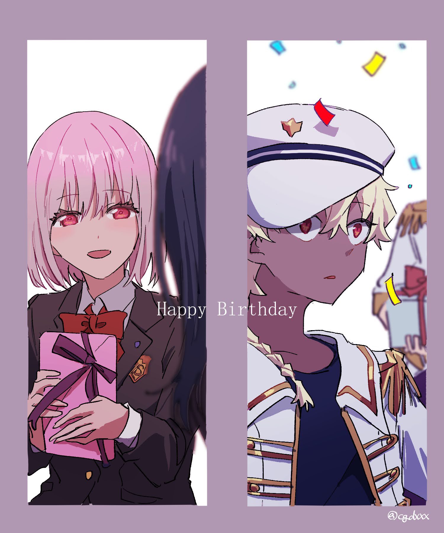 himagosan, shinjou akane, sizumu, takarada rikka, gridman universe, ssss.dynazenon, ssss.gridman, highres, black hair, blonde hair, blush, bow, bowtie, braid, breasts, dark-skinned male, dark skin, epaulettes, gift, happy birthday, jacket, long hair, long sleeves, looking at viewer, open clothes, open mouth, purple hair, purple jacket, red bow, red eyes, school uniform, shirt, short hair, smile, upper body, white shirt