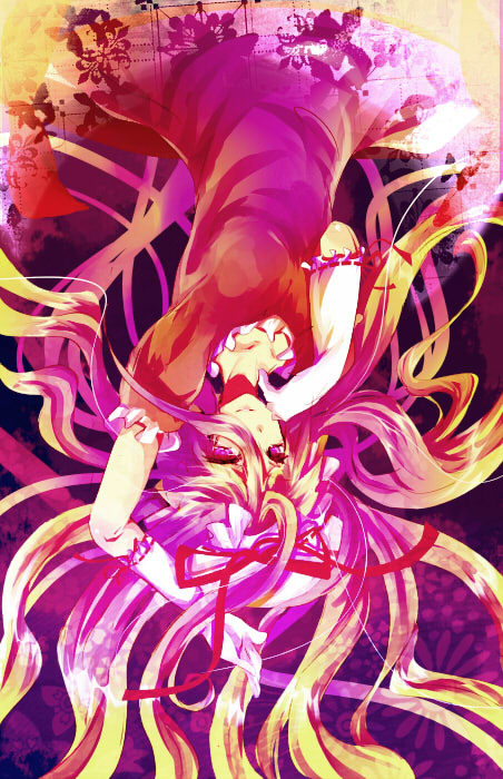 rarami, yakumo yukari, touhou, bad id, bad pixiv id, 1girl, blonde hair, detached sleeves, female focus, gloves, hat, purple eyes, solo