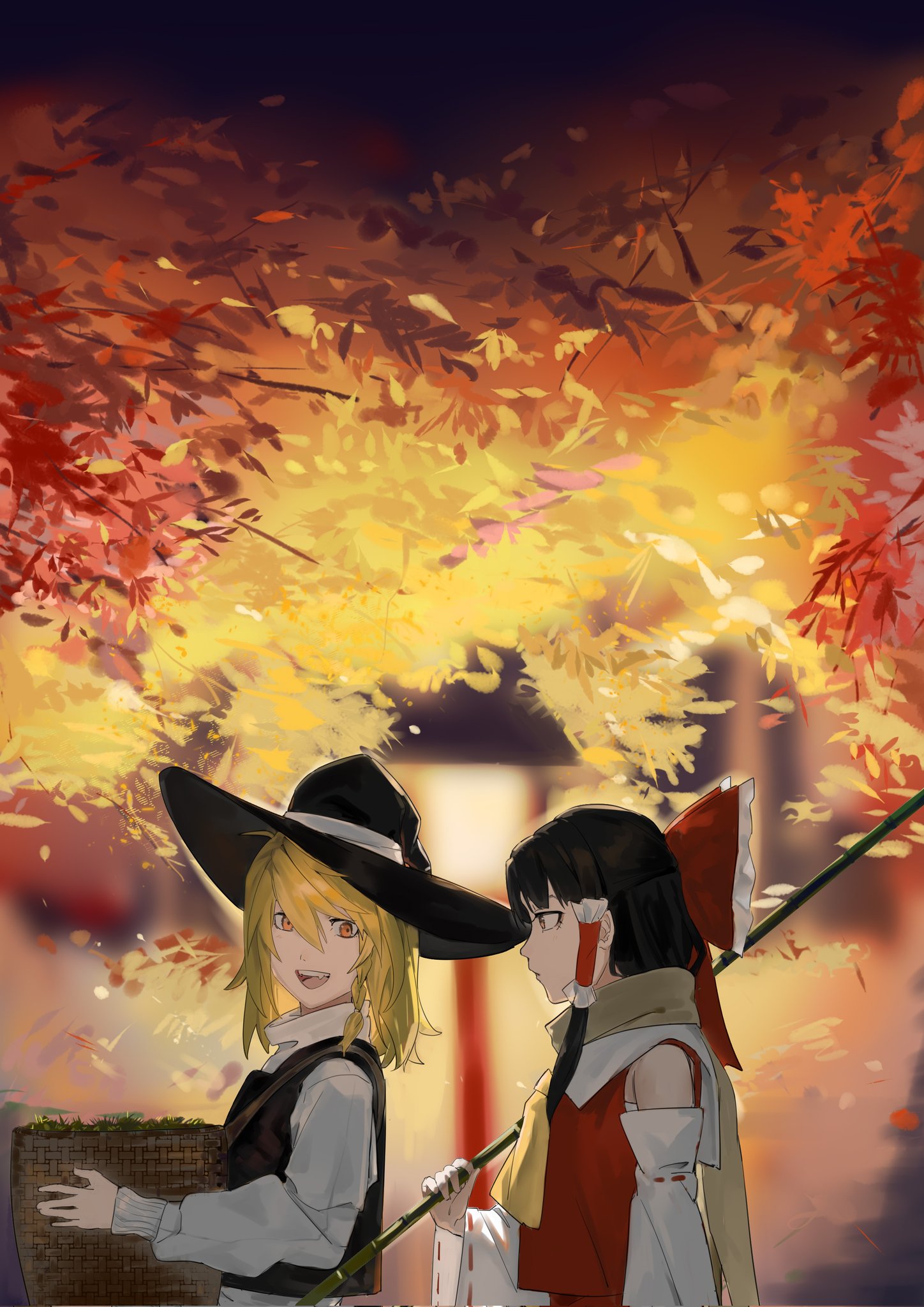hakurei reimu, kirisame marisa, touhou, commentary, corrupted twitter file, english commentary, highres, mixed-language commentary, 2girls, ascot, autumn leaves, babaiwan fengchui, basket, black hat, black vest, blonde hair, blurry, bow, braid, brown eyes, brown hair, chestnut, depth of field, detached sleeves, frilled bow, frilled hair tubes, frills, gohei, hair bow, hair tubes, hat, holding, holding basket, holding gohei, leaf, long hair, long sleeves, multiple girls, open mouth, orange eyes, red bow, red skirt, ribbon-trimmed sleeves, ribbon trim, scarf, side braid, single braid, skirt, skirt set, smile, teeth, upper teeth only, vest, witch hat, yellow ascot, yellow scarf