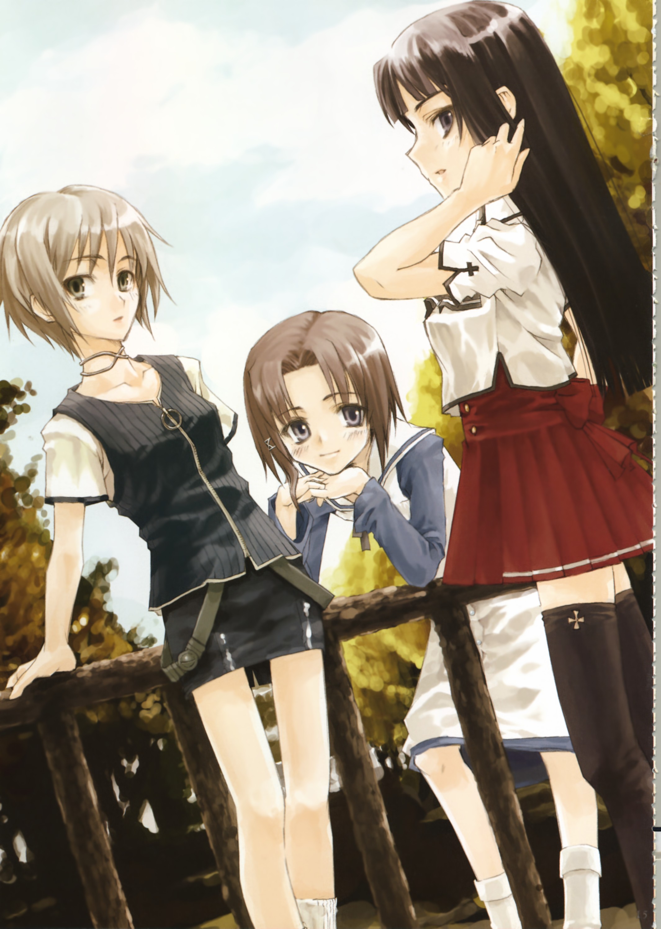 konoe ototsugu, silver hair, absurdres, highres, 3girls, black hair, black thighhighs, blunt bangs, hime cut, long hair, multiple girls, short hair, skirt, thighhighs, zettai ryouiki