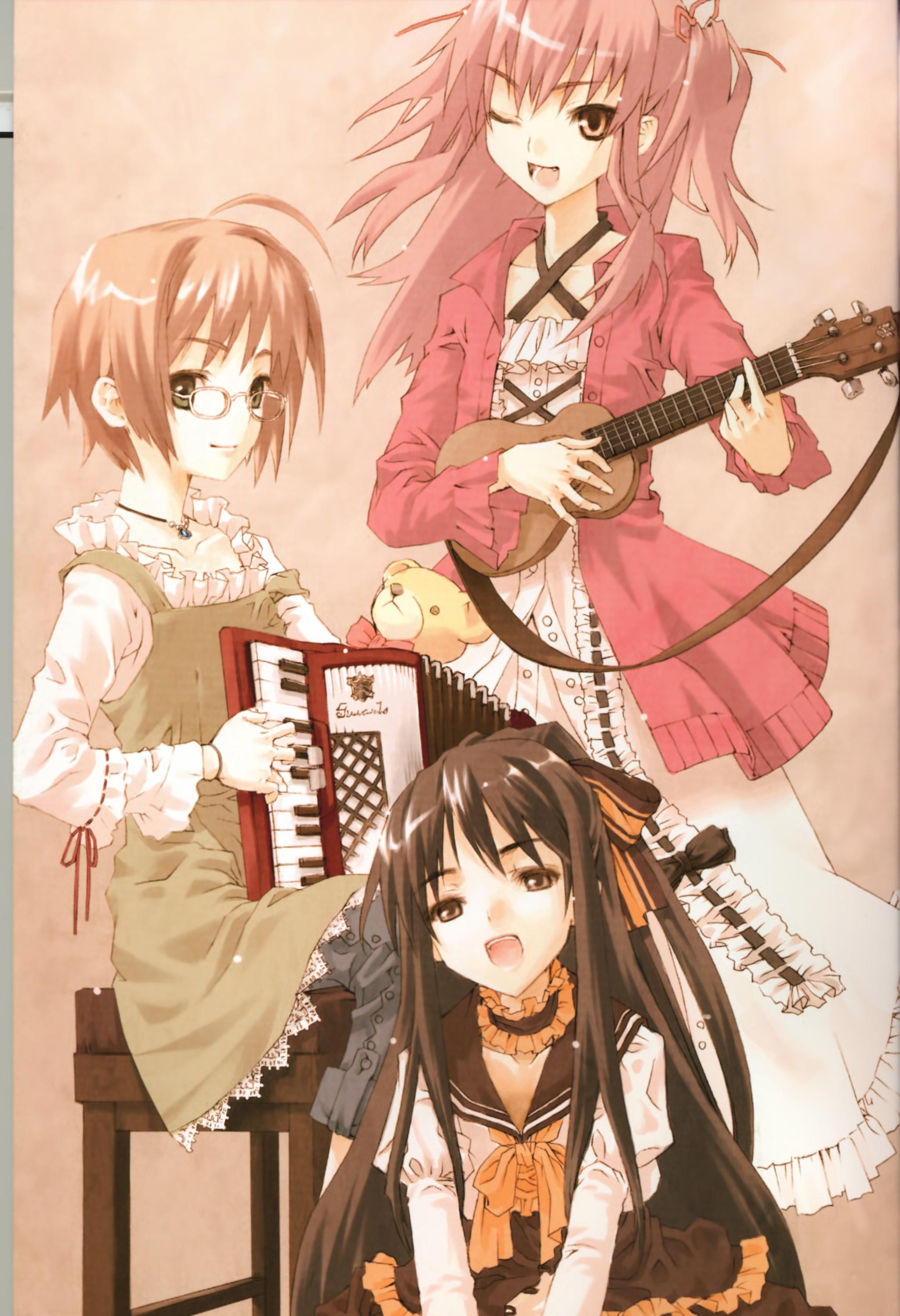 konoe ototsugu, absurdres, highres, 3girls, glasses, instrument, multiple girls