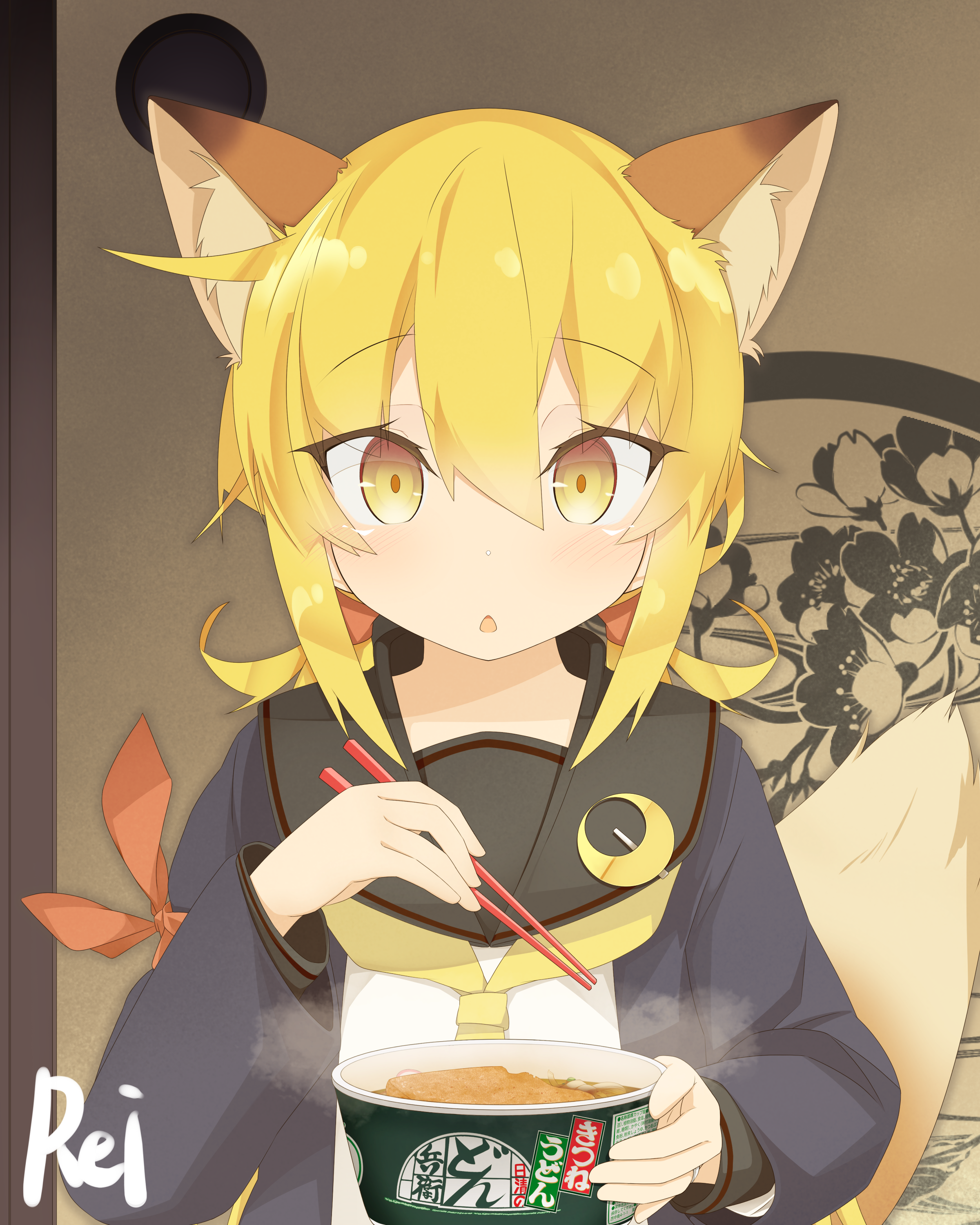 etsuransha no rei, satsuki (kancolle), satsuki kai ni (kancolle), kantai collection, absurdres, highres, 1girl, animal ears, artist name, black sailor collar, blonde hair, blue jacket, chopsticks, food, fox ears, hair between eyes, jacket, kitsune udon, long hair, low twintails, neckerchief, noodles, ramen, sailor collar, solo, twintails, upper body, yellow eyes, yellow neckerchief