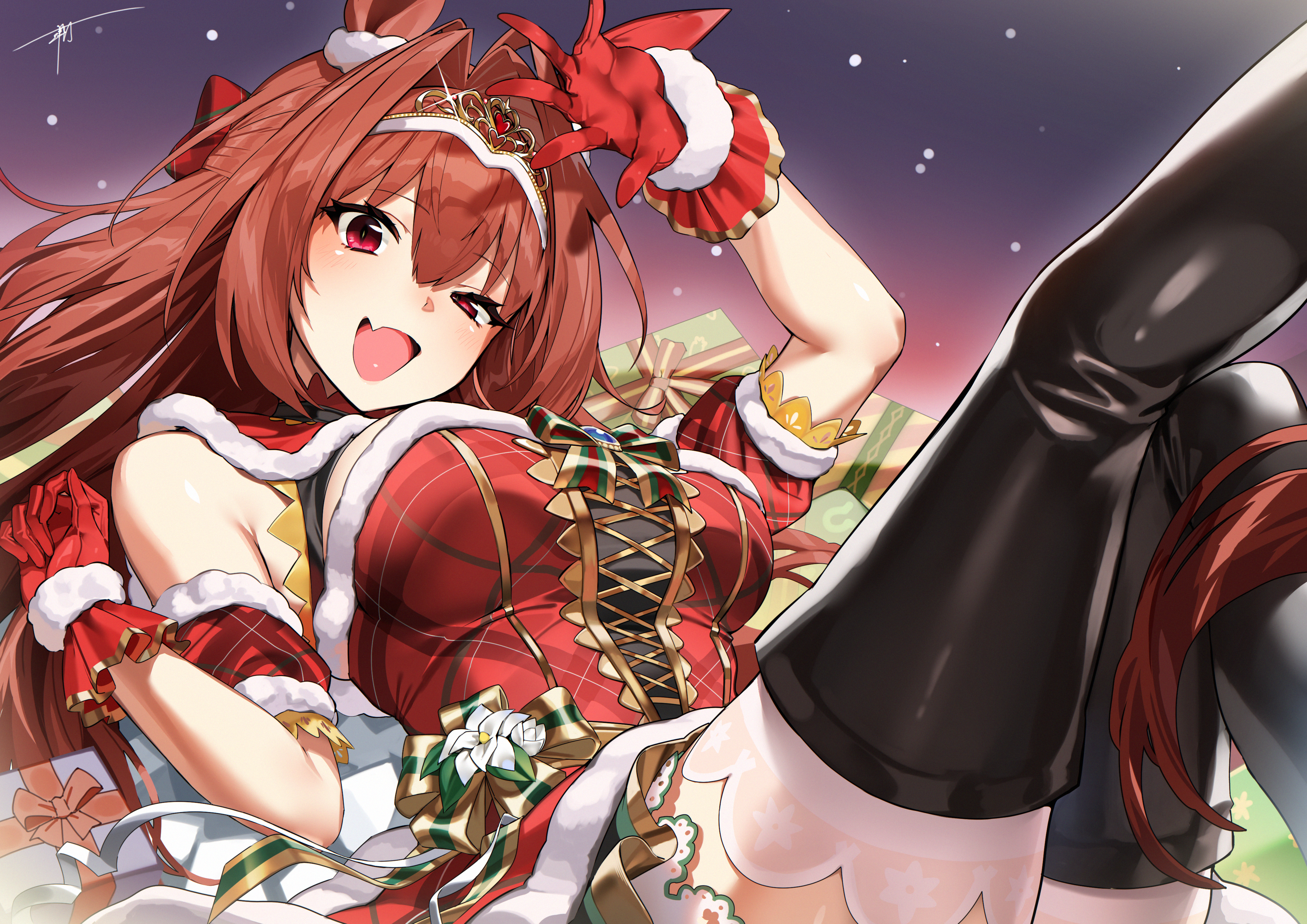 tomitacchi, daiwa scarlet (scarlet nuit etoile) (umamusume), daiwa scarlet (umamusume), umamusume, absurdres, commentary request, highres, 1girl, animal ears, arm garter, black boots, blush, boots, breasts, brown hair, christmas, christmas present, dress, ear covers, fang, fur-trimmed dress, fur armlet, fur trim, gift, gloves, hair between eyes, hair intakes, horse ears, horse girl, large breasts, long hair, looking at viewer, official alternate costume, official alternate hairstyle, open mouth, plaid clothes, plaid sleeves, red dress, red eyes, red gloves, santa costume, santa dress, single ear cover, smile, solo, thigh boots, thighhighs, tiara, very long hair, white thighhighs