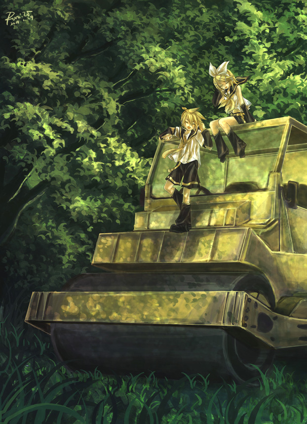 komiki2gou, kagamine len, kagamine rin, vocaloid, 1boy, 1girl, blonde hair, brother and sister, forest, hair ornament, hair ribbon, hairclip, nature, ribbon, short hair, siblings, sitting, smile, steamroller, twins