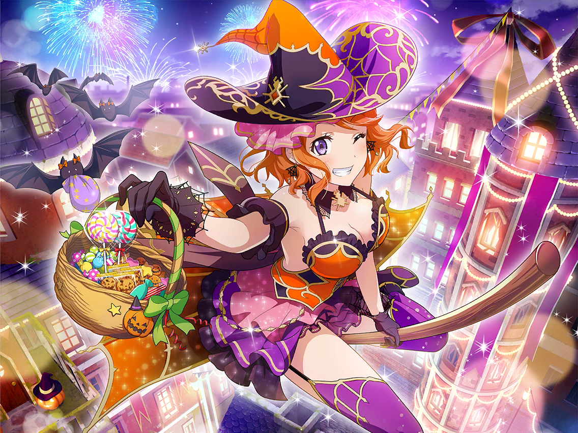 ebisu tsukasa, shoujo kageki revue starlight, shoujo kageki revue starlight -re live-, game cg, official art, 1girl, basket, bat (animal), black gloves, breasts, broom, broom riding, building, candy, cleavage, dress, earrings, fireworks, food, garter straps, gloves, halloween, halloween costume, hat, holding, holding basket, jewelry, looking at viewer, medium breasts, multicolored hat, night, one eye closed, orange dress, orange hair, purple eyes, purple thighhighs, short hair, silk, smile, solo, spider web, thighhighs, wavy hair, witch hat