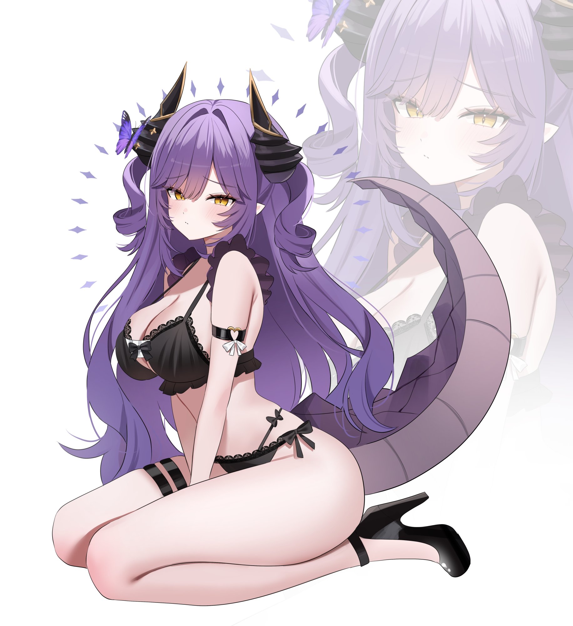 nannung, sakihane huya, stellive, commentary request, highres, korean commentary, 1girl, arm strap, bare legs, bare shoulders, between legs, black bra, black panties, black sandals, bra, breasts, bug, butterfly, cleavage, clothing cutout, dragon horns, dragon tail, embarrassed, frilled bra, frills, from side, hand between legs, high heels, horns, insect, lace, lace-trimmed bra, lace-trimmed panties, lace trim, large breasts, long hair, looking at viewer, multi-strapped panties, panties, pointy ears, purple hair, sandals, seiza, side-tie panties, simple background, sitting, solo, strap gap, string bra, string panties, tail, tail raised, thigh strap, thighs, two side up, underboob, underboob cutout, underwear, very long hair, virtual youtuber, white background, yellow eyes, zoom layer